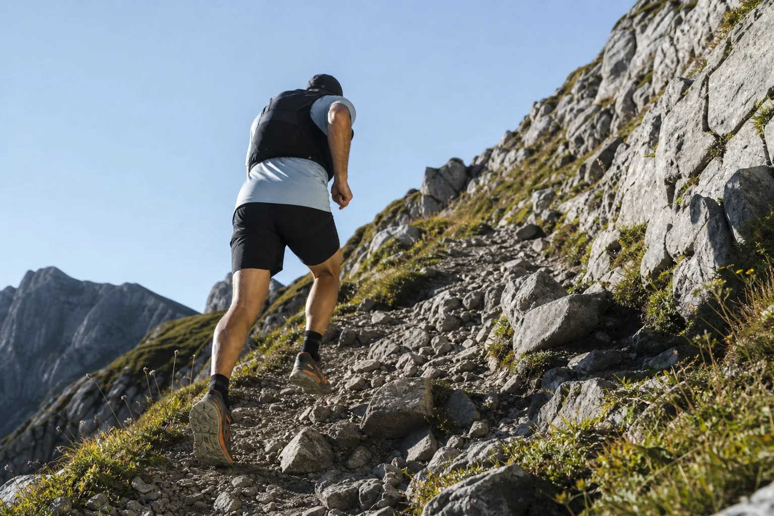 Trail runner ascending a steep mountain path in bright daylight