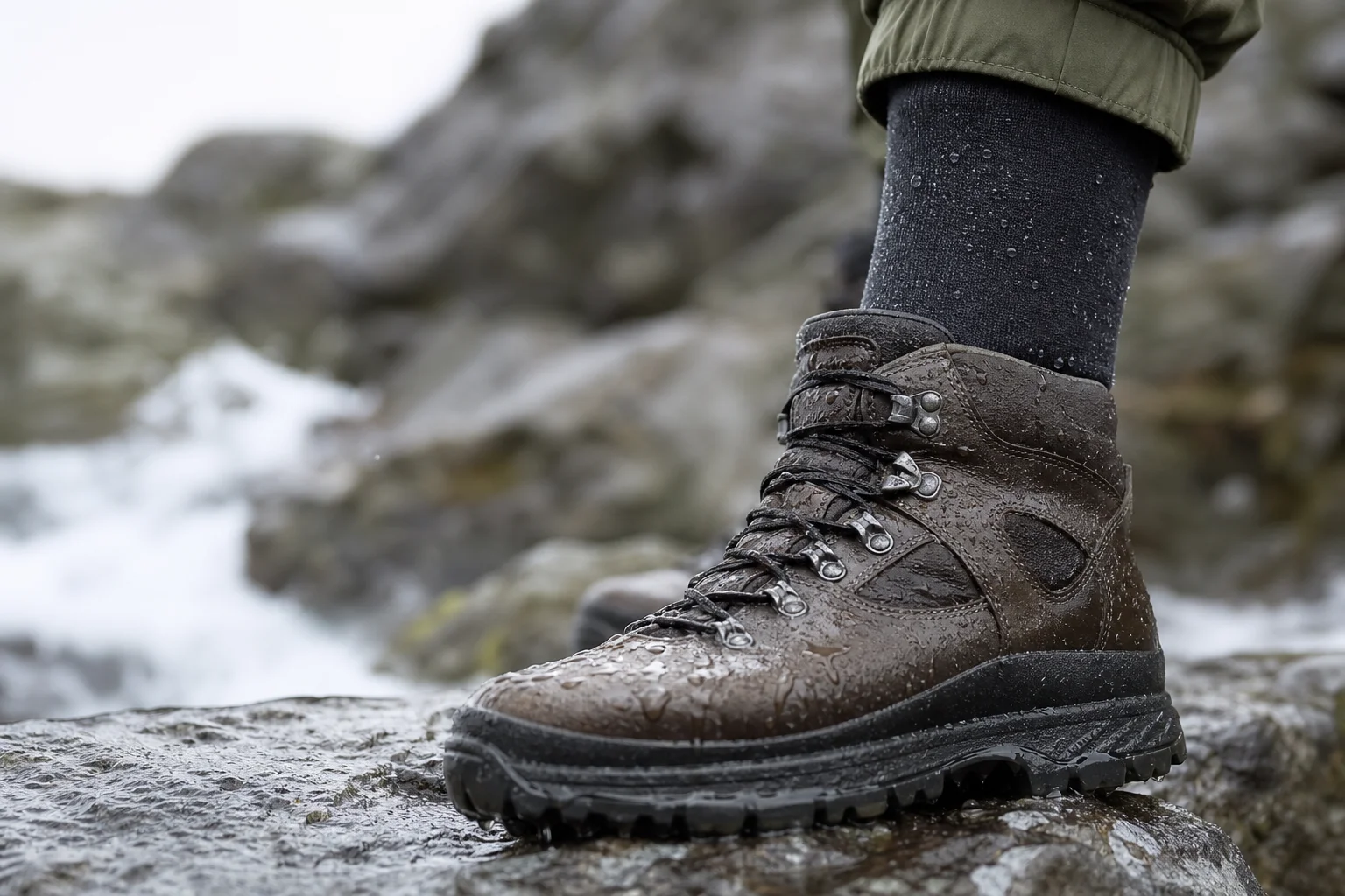 Hiker's boots and socks on wet rocky terrain with water droplets visible