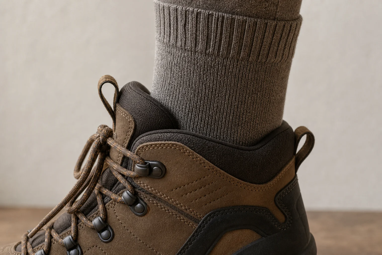 Hiking boot with properly fitted crew-length sock extending above collar