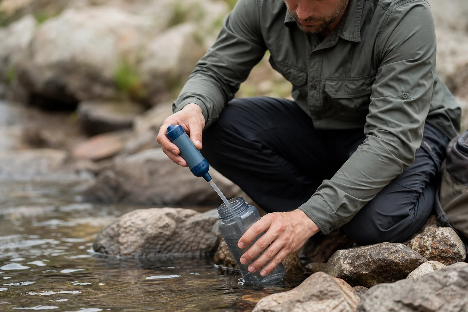 Hiker using squeeze filter to fill water bottle from natural source