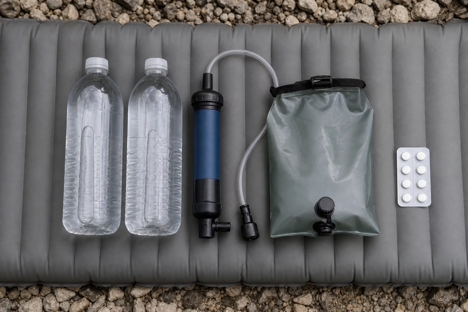 Backpacker's water system laid out with bottles, filter, and tablets
