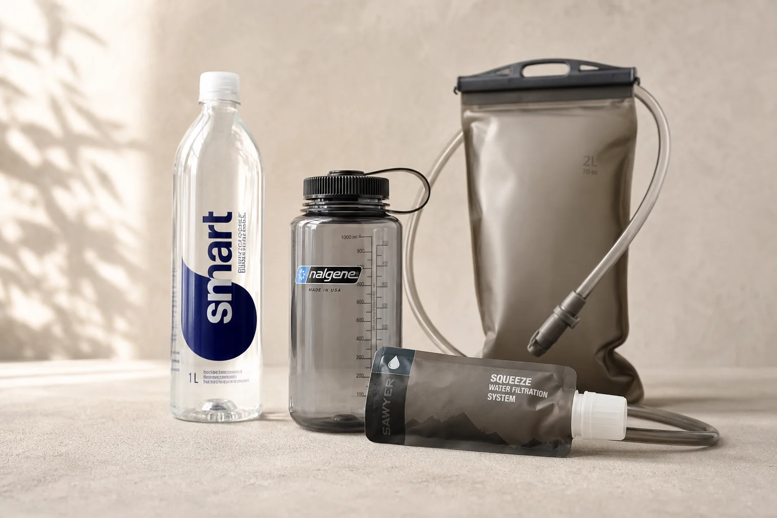 Hiking water bottles and filters arranged on neutral surface