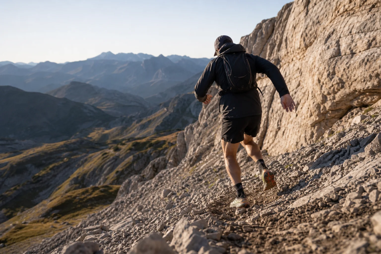 Trail runner descending rocky mountain terrain with loose stones