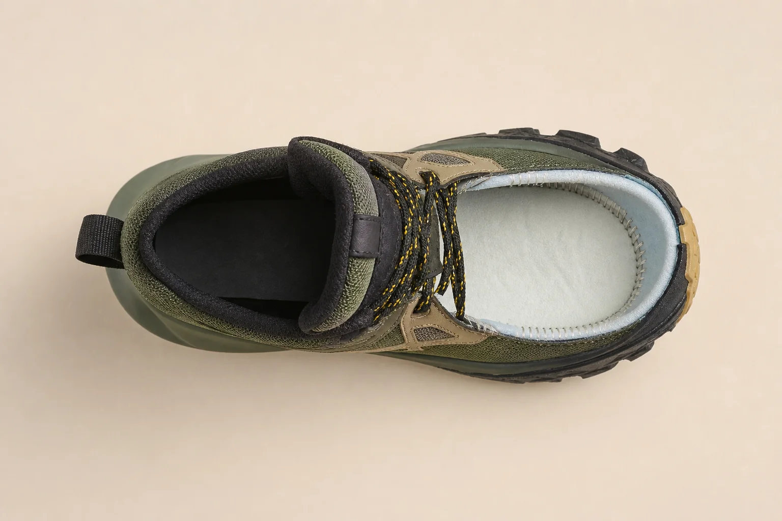 Top-down view of trail shoe toe box showing interior padding and space
