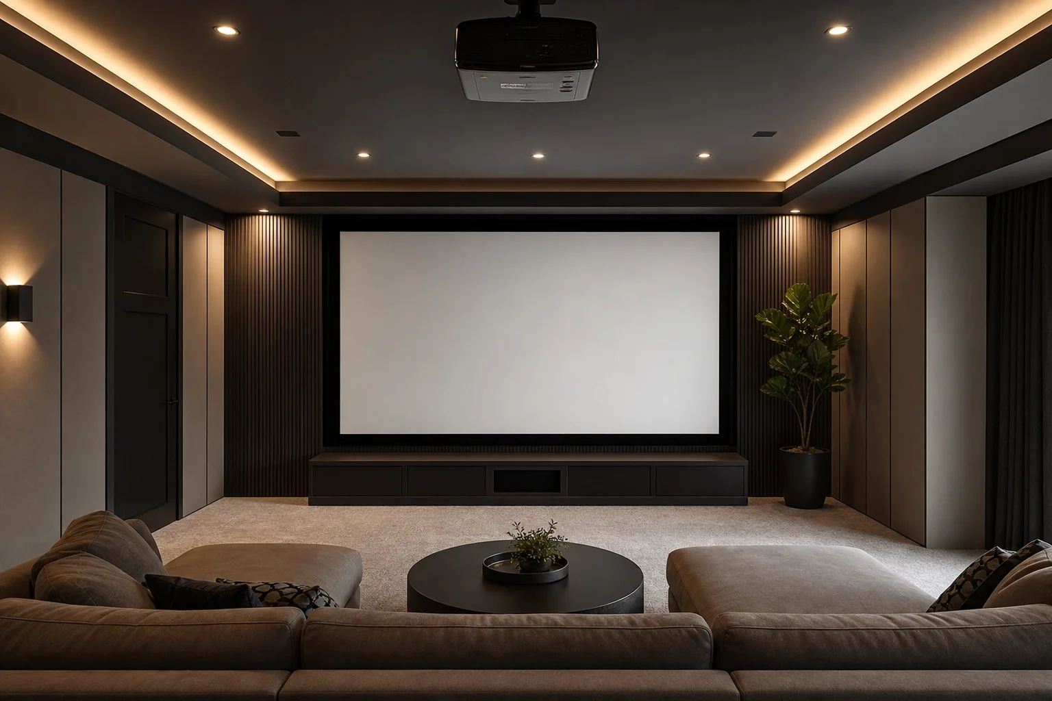 Home theater room with ceiling-mounted projector and large screen