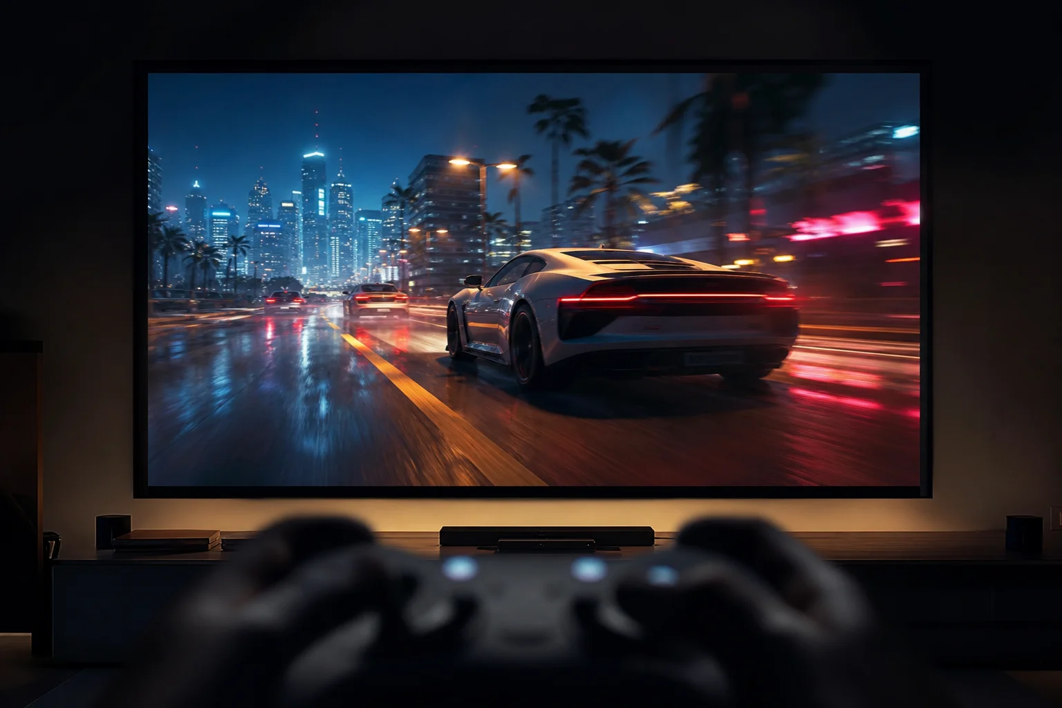 Gaming scene on projection screen with vibrant colors and motion