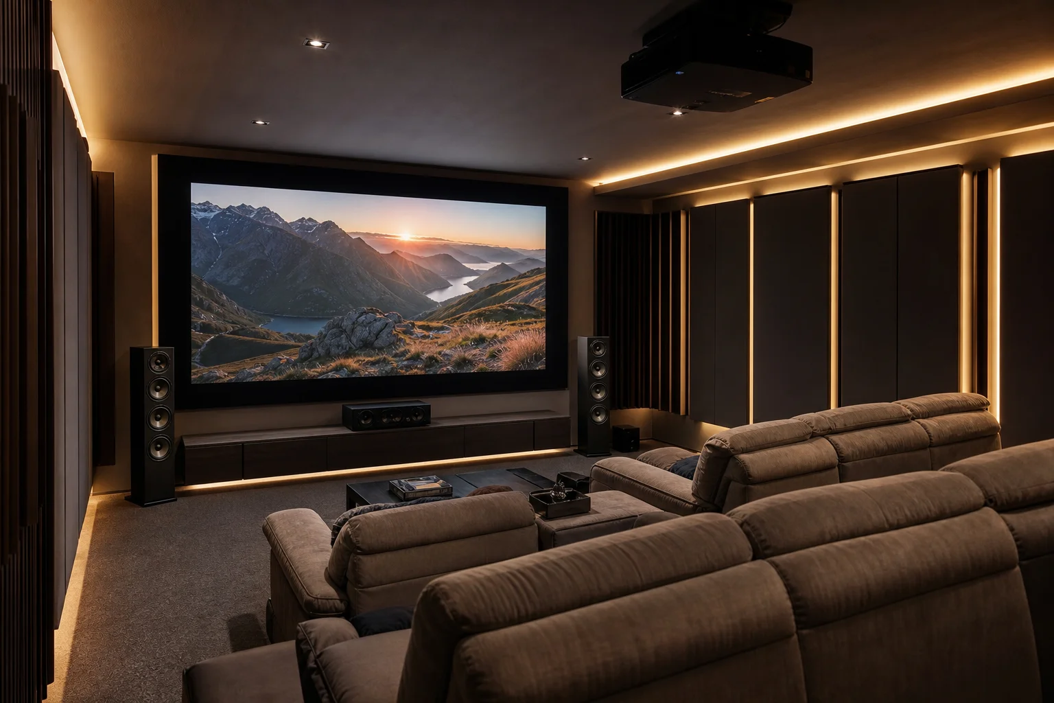 Premium home theater setup with large screen and professional acoustics