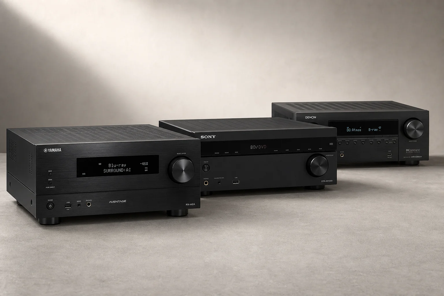 三款 AV 擴大機：Yamaha RX-A2A、Sony STR-AN1000 與 Denon AVR-X2800H 放置於水泥表面上