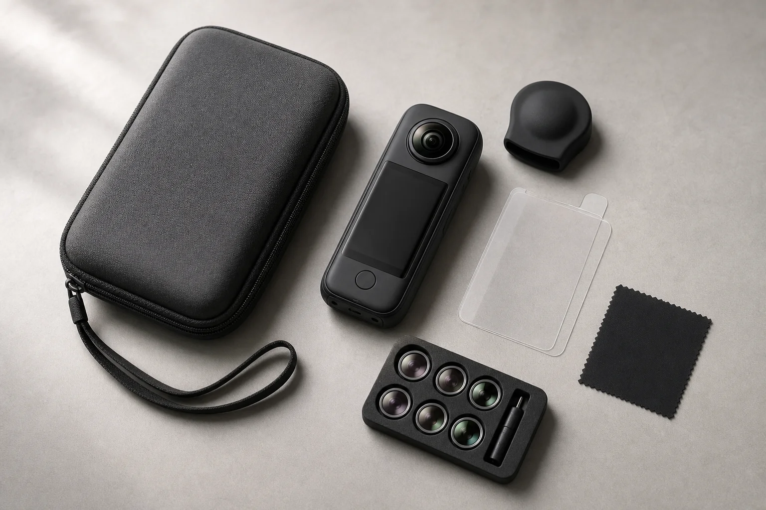 Protective camera case with lens cap and screen protector laid out