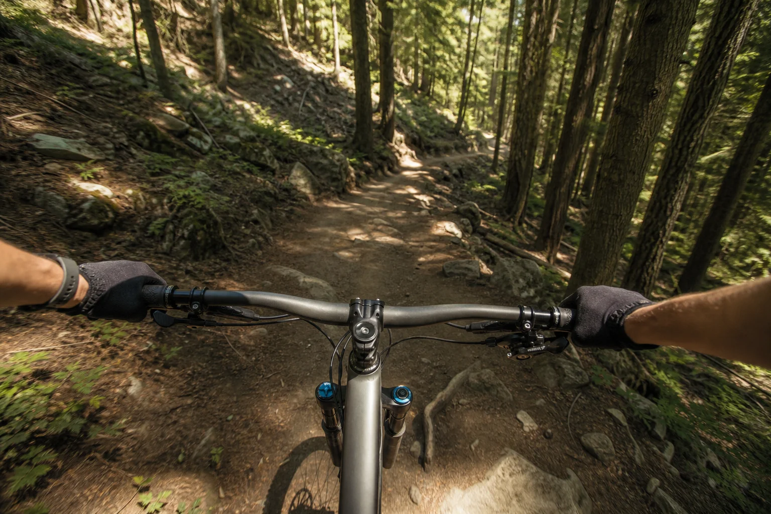Mountain biker riding on trail with chest-mounted camera perspective