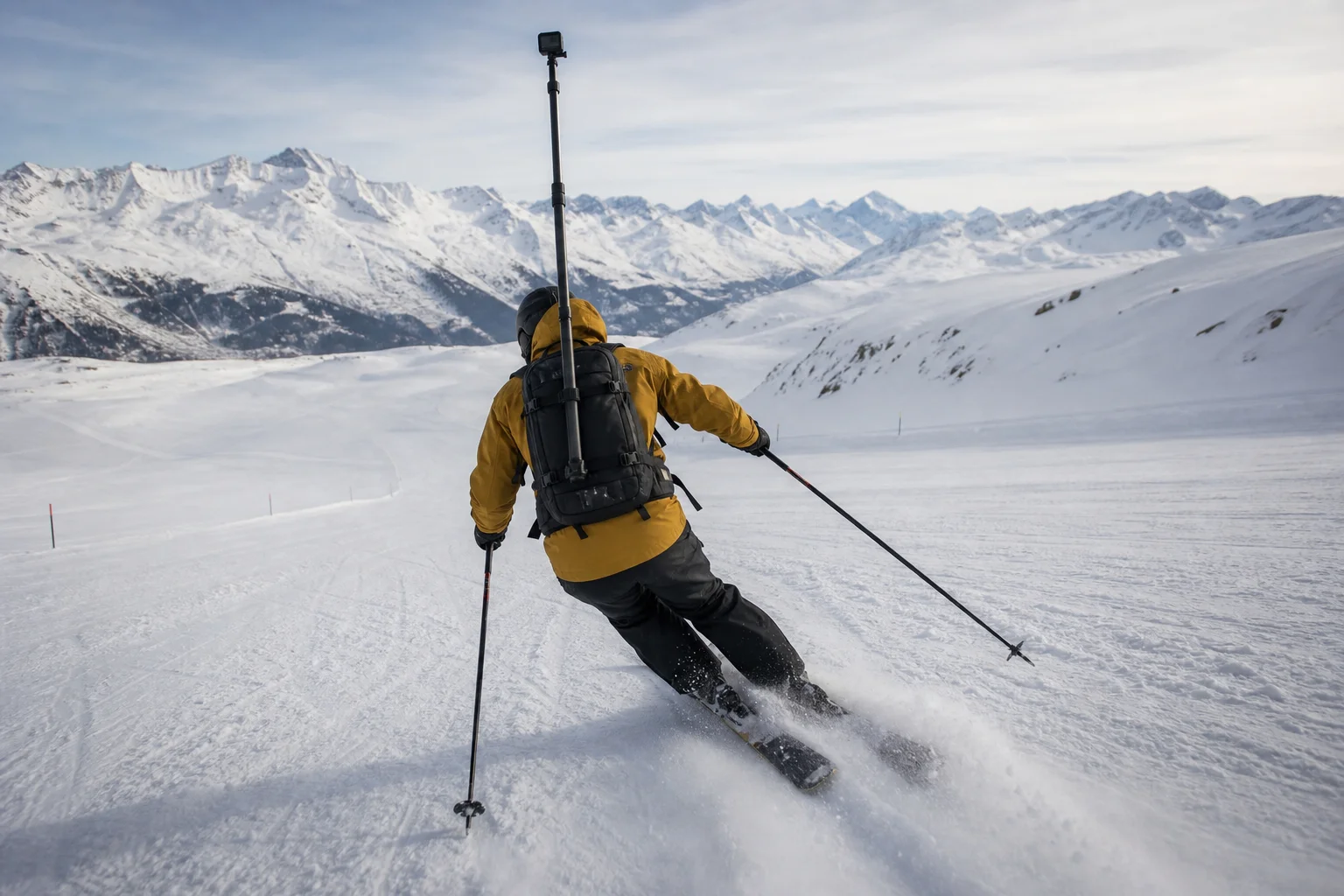 Person skiing with back-mounted camera rig capturing rear perspective