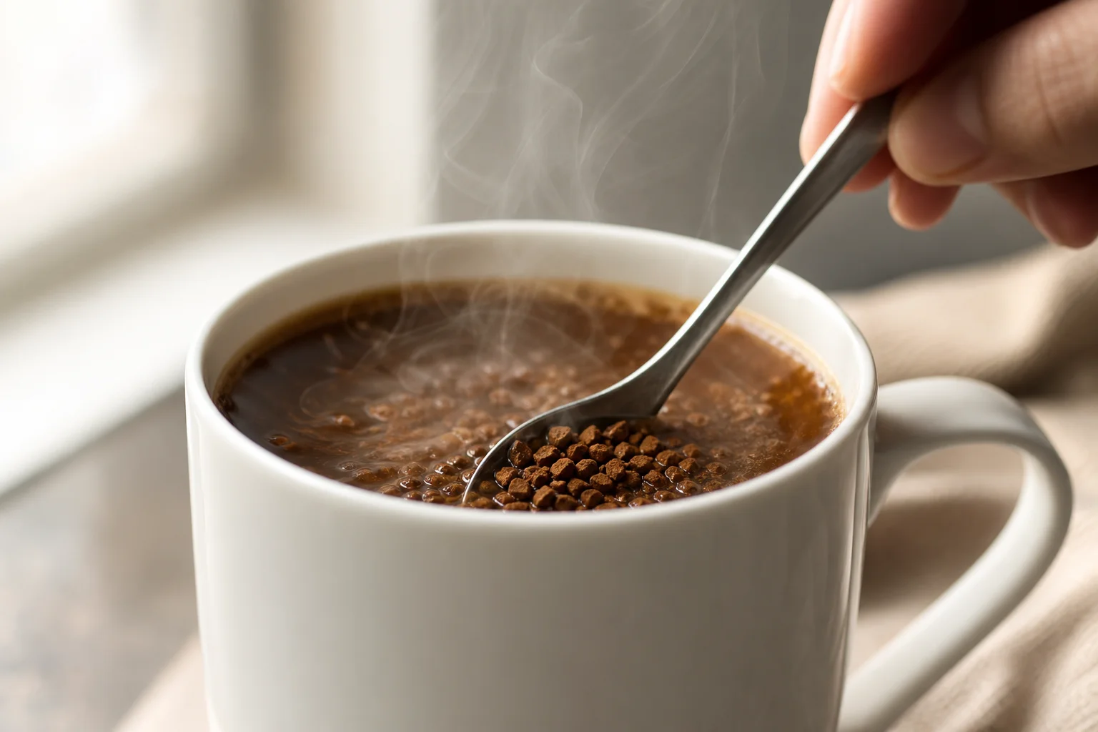 Close-up of instant coffee powder being stirred into hot water in a white ceramic cup