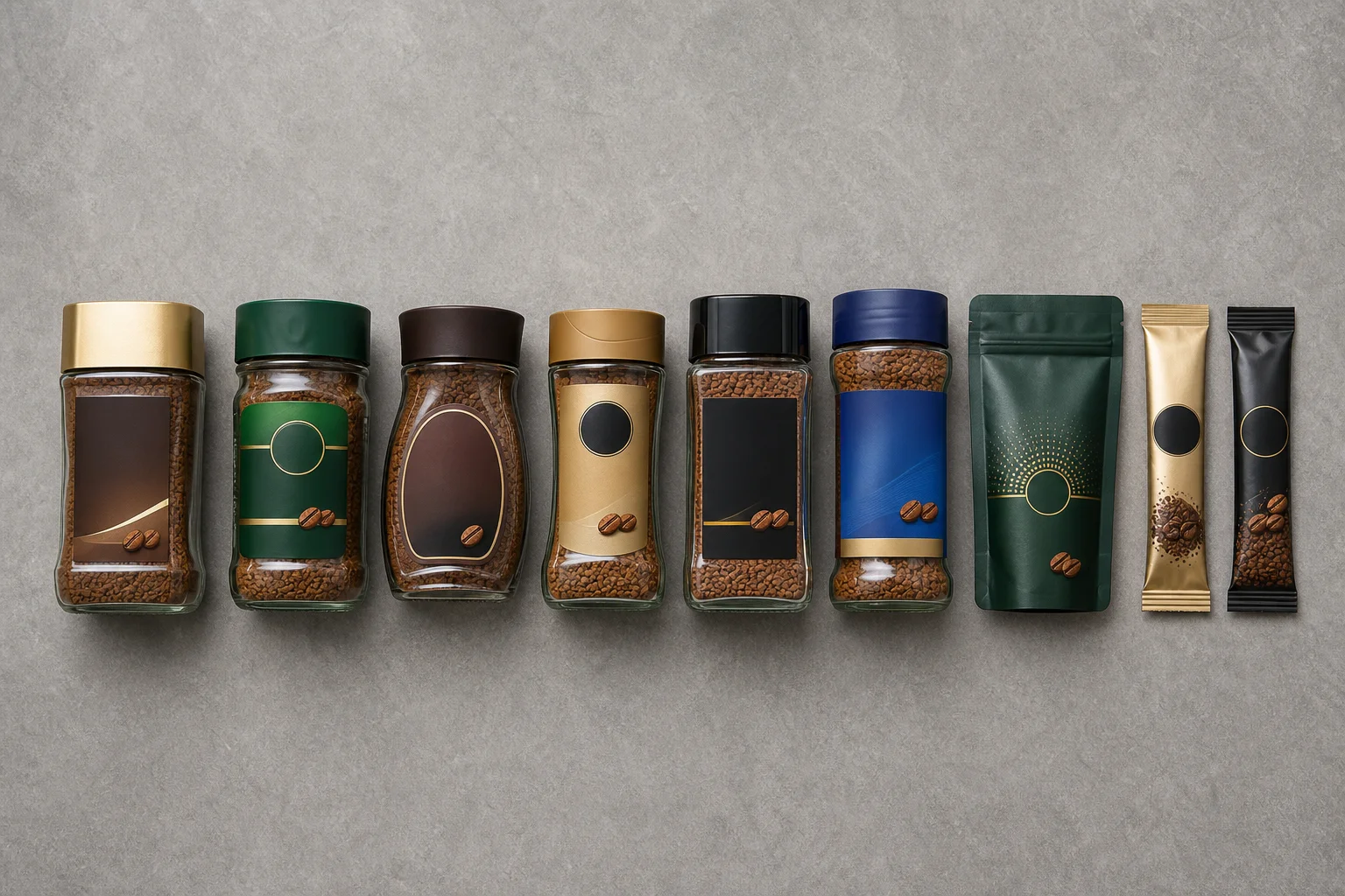 Array of instant coffee products lined up showing different brands, colors, and packaging styles