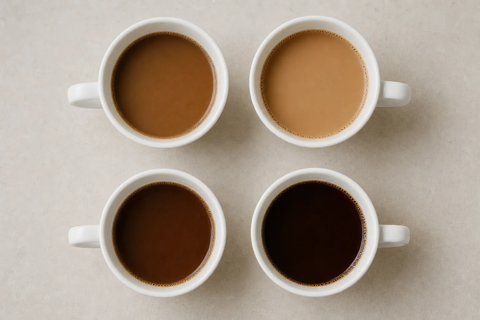 Multiple white ceramic cups filled with brewed instant coffee at different stages of cooling