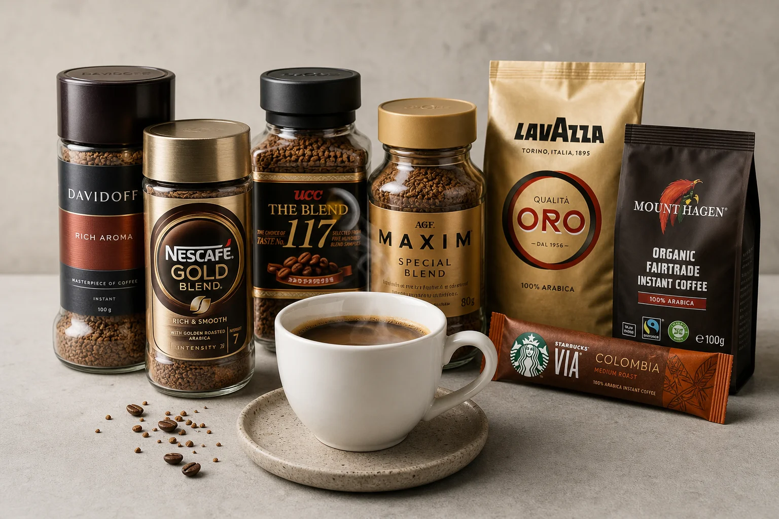 Collection of instant coffee products with a steaming cup of brewed coffee on concrete surface