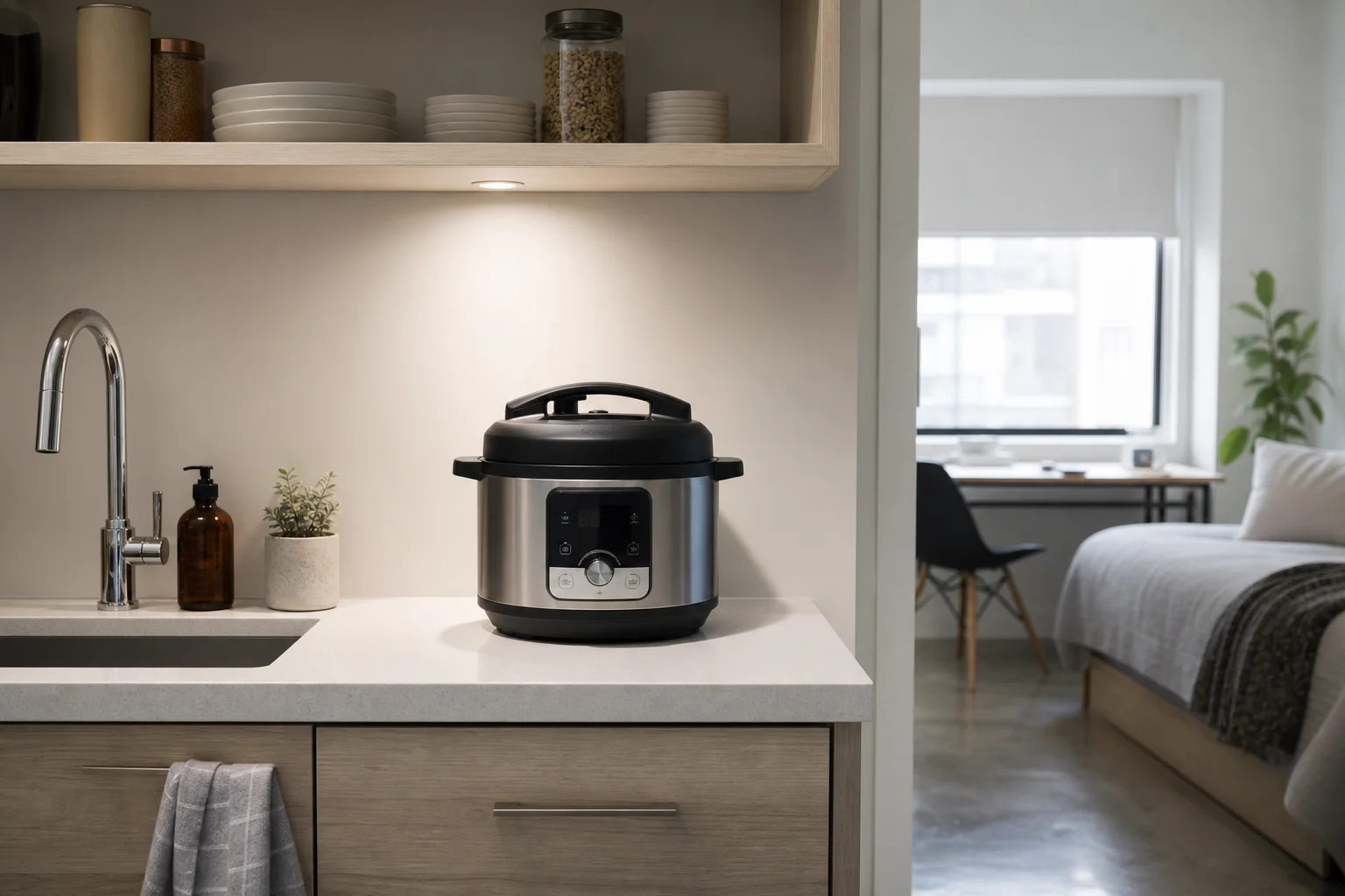 放置在空間有限的小型公寓廚房檯面上的精巧型 Instant Pot