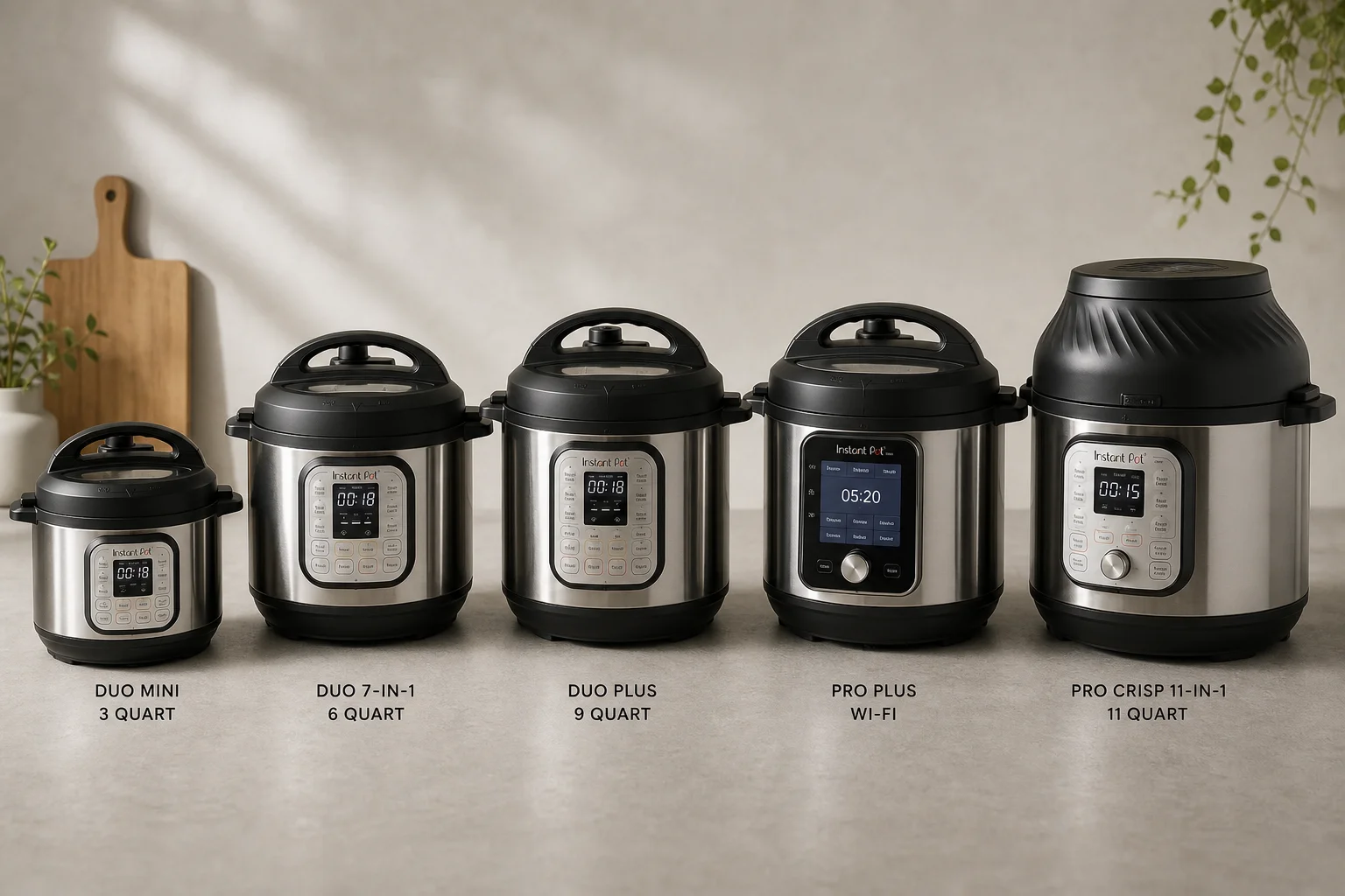 五款 Instant Pot 型號依大小由小至大排列在水泥檯面上