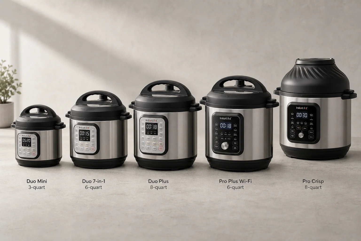 五款不同尺寸的 Instant Pot 並排擺放在水泥檯面上