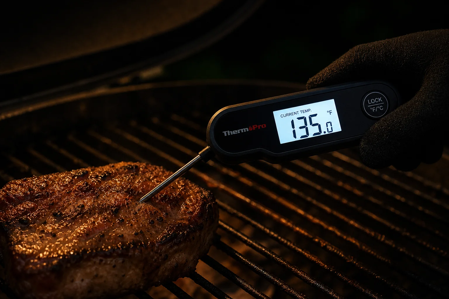 Grilling at night with bright backlit thermometer display visible