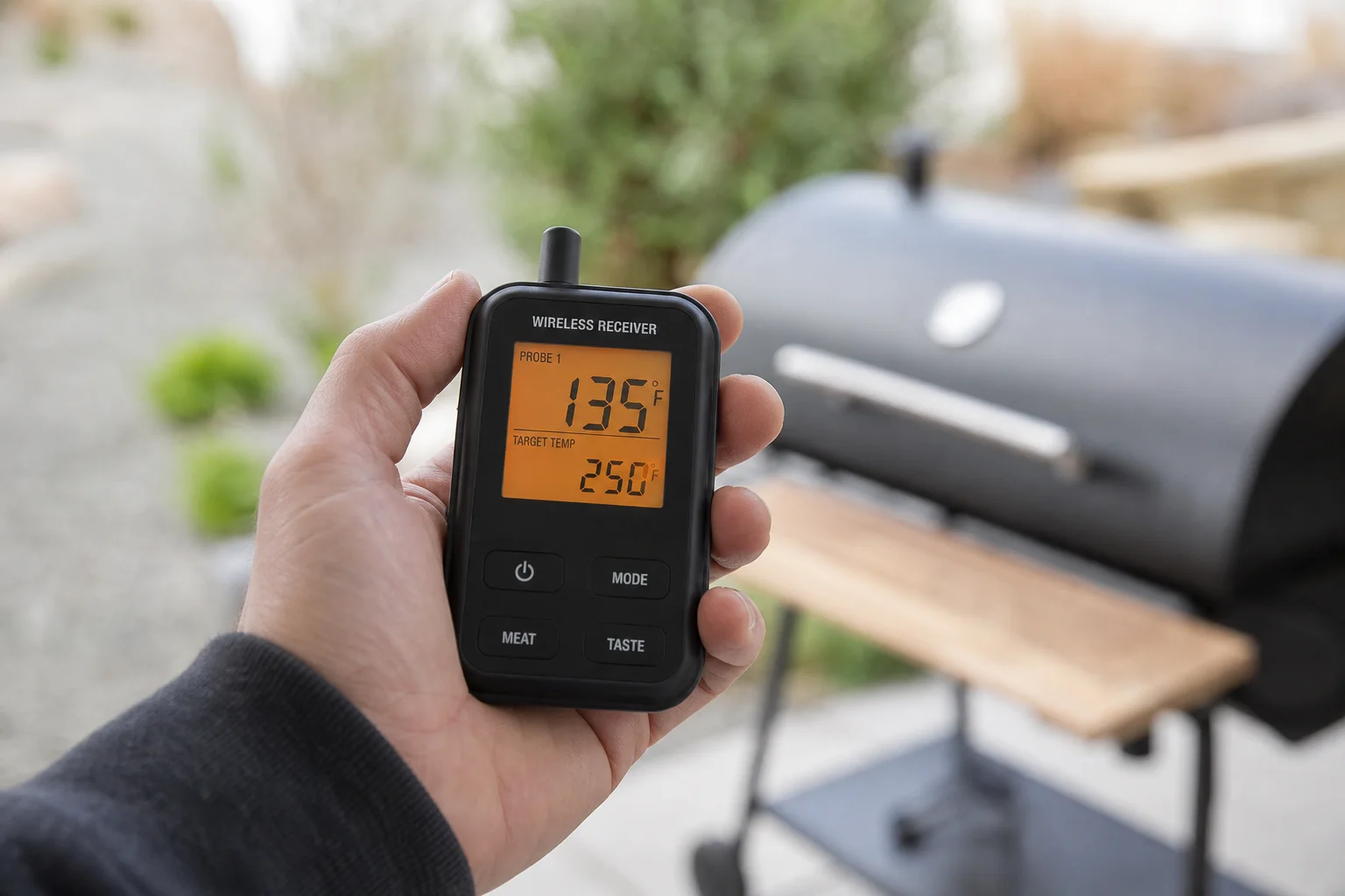 Wireless thermometer receiver displaying temperature while grilling