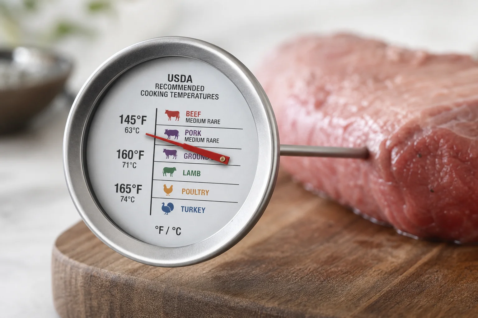 Analog dial thermometer with USDA temperature markings for proteins