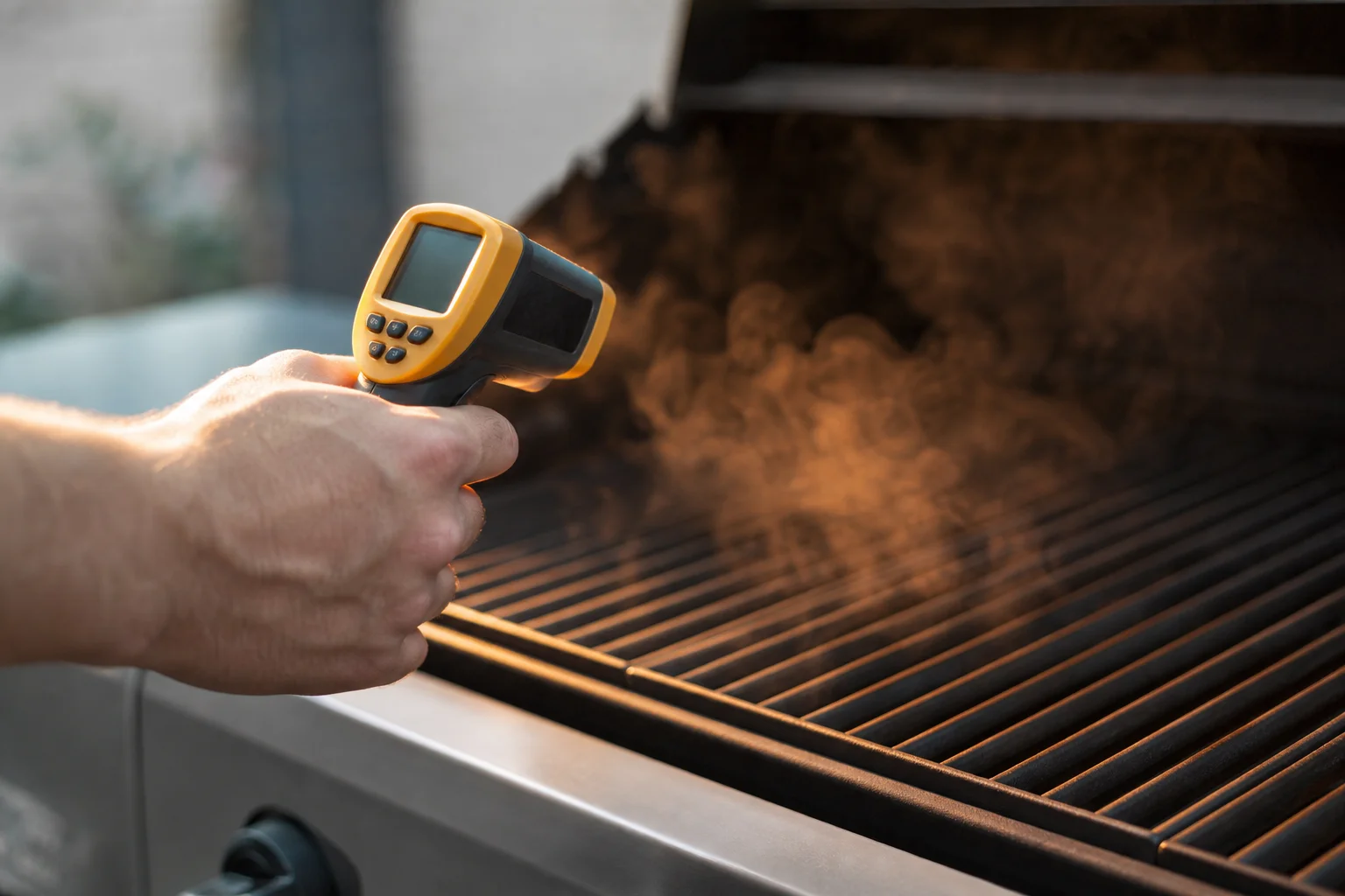 Infrared thermometer measuring surface temperature of grill grates