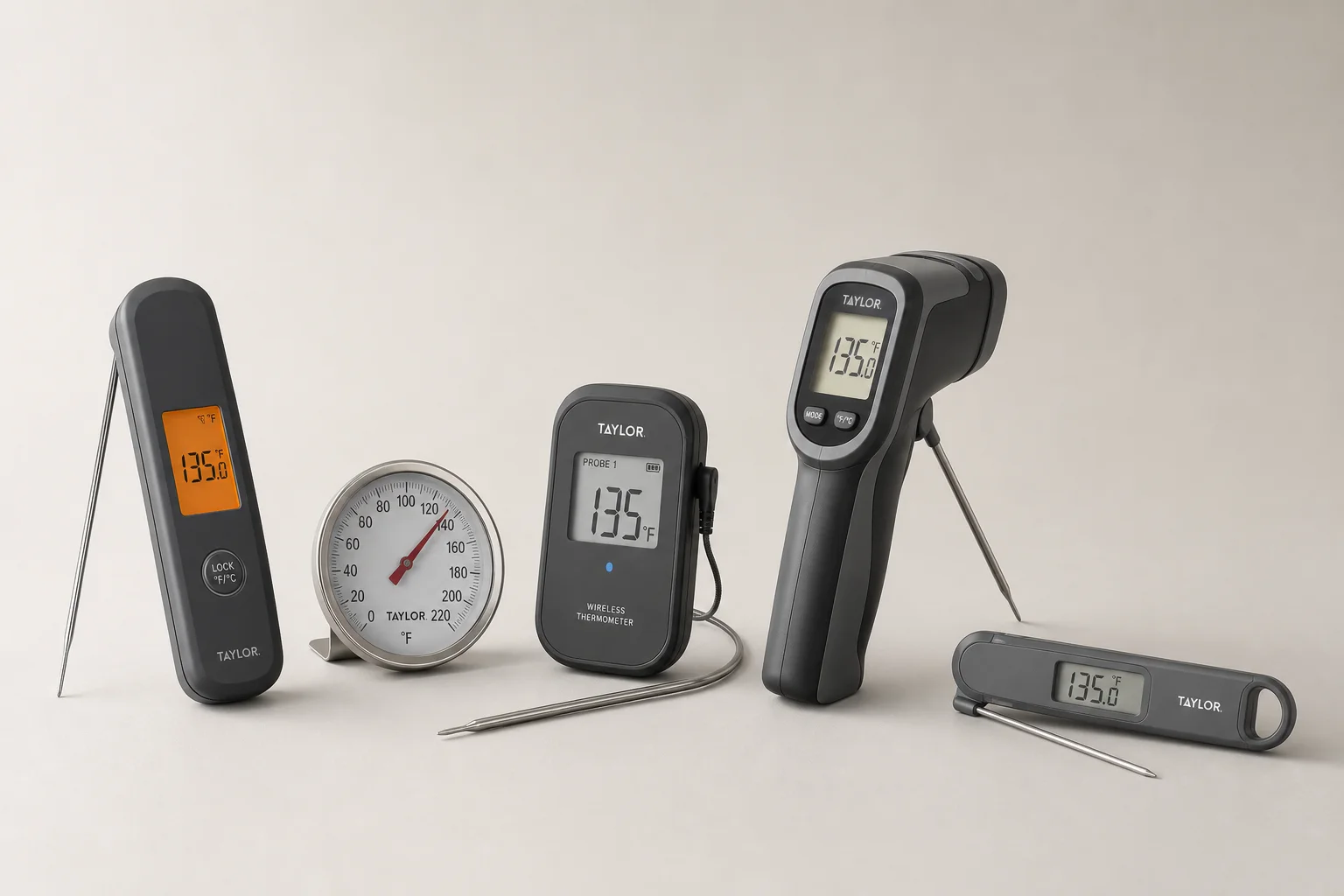 Five instant read thermometers arranged on neutral backdrop