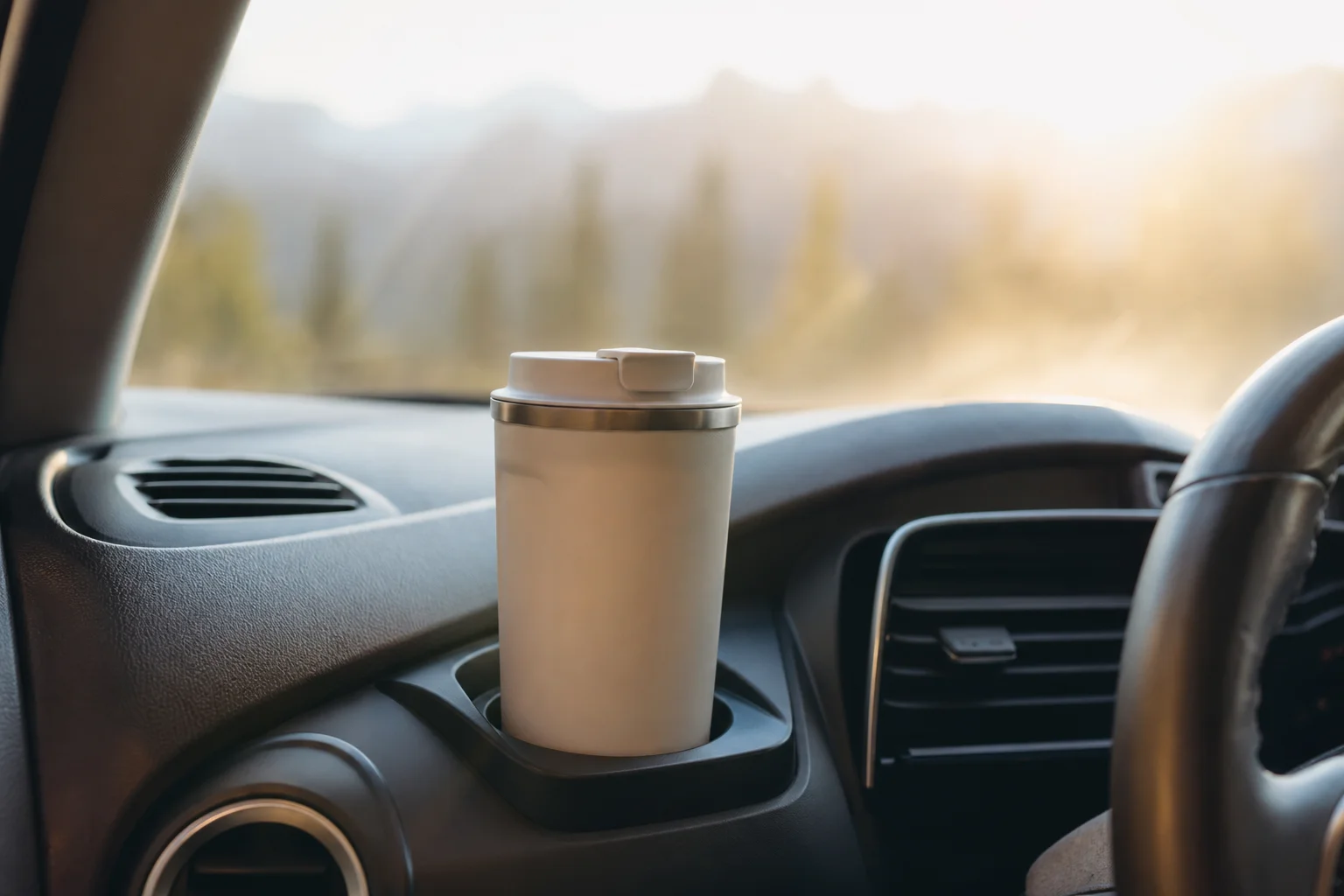 Travel mug in car cup holder with morning sunlight through windshield