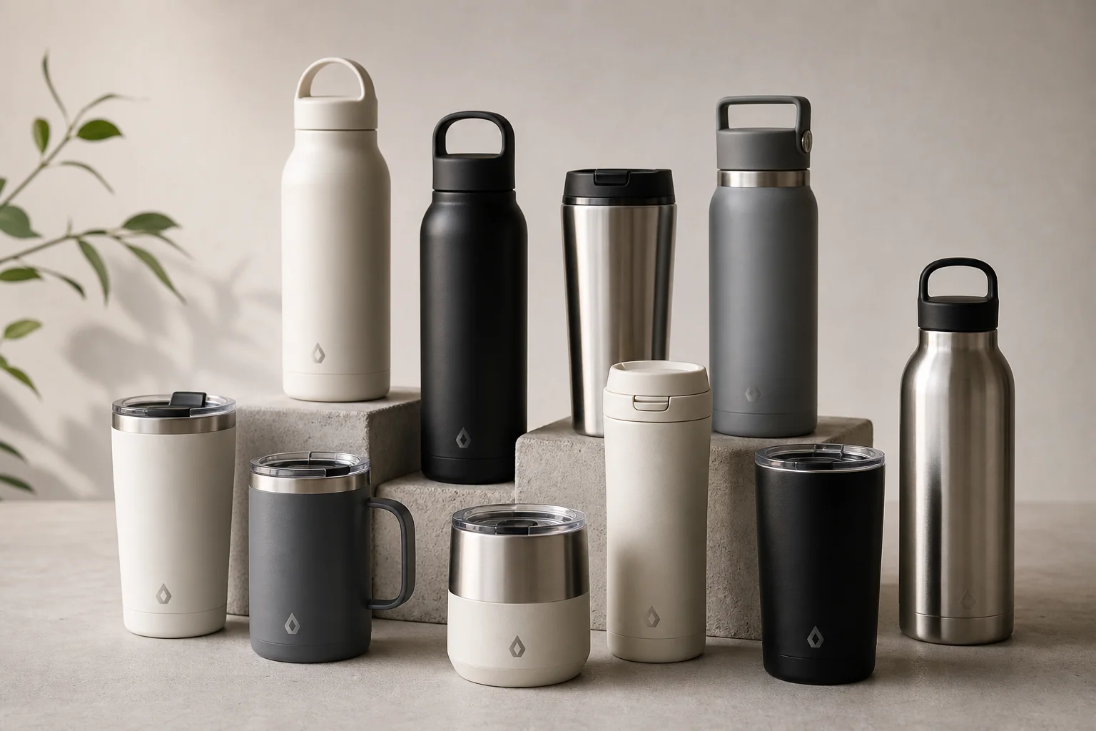 Collection of ten insulated bottles and travel mugs displayed on concrete surface