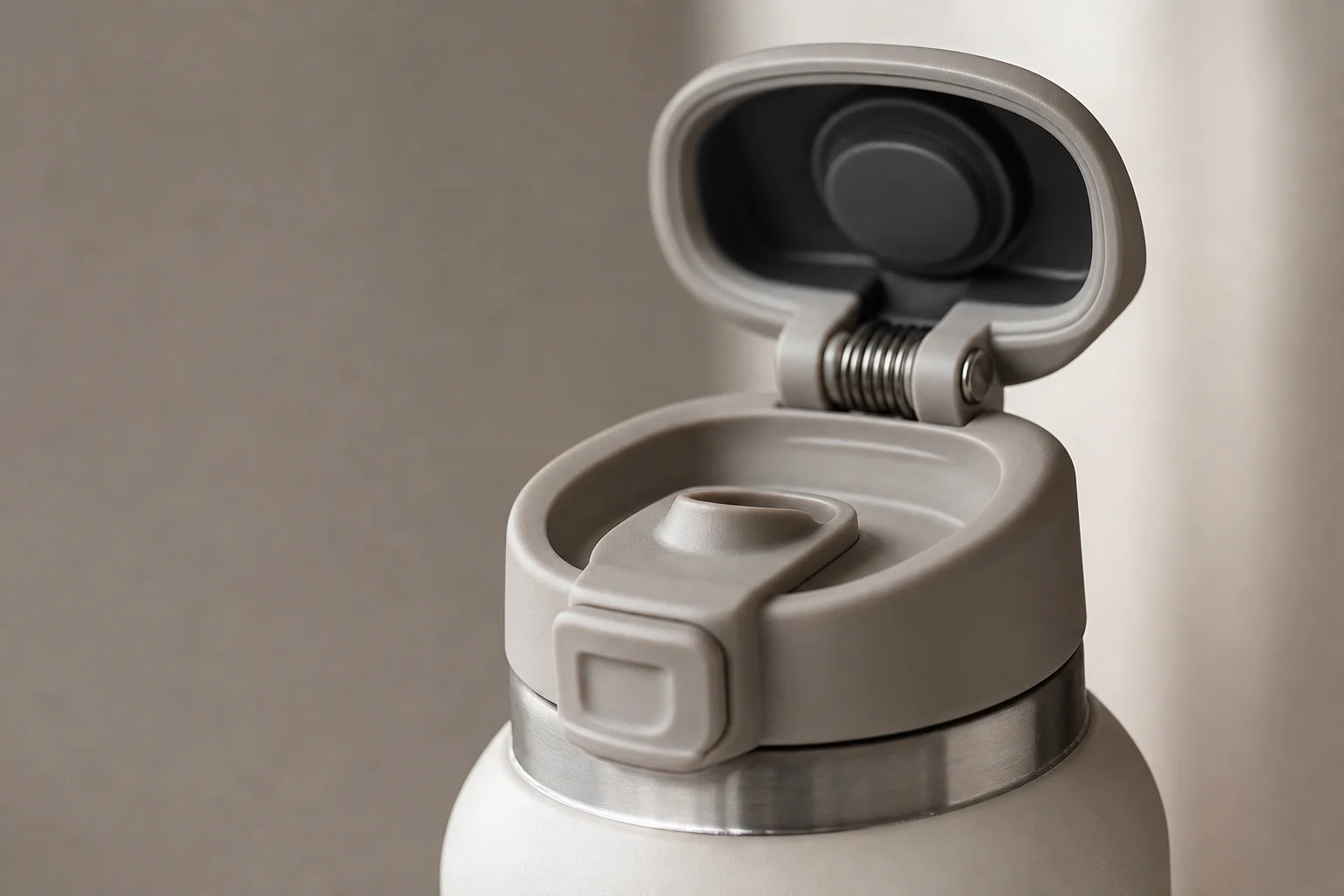 Close-up of spring-loaded spout cover protecting drinking surface
