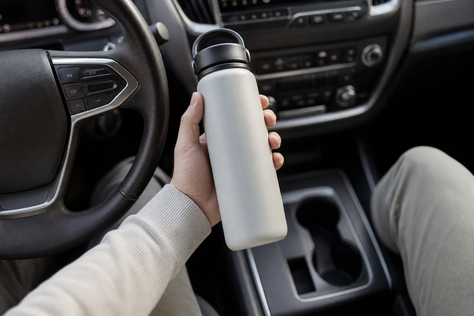 Hand holding insulated bottle in car showing car-friendly design