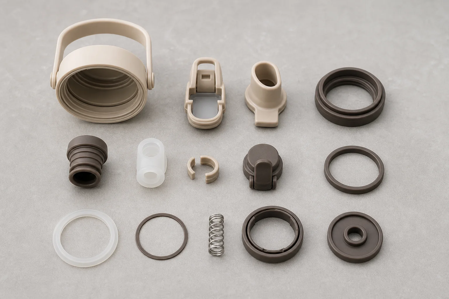 Disassembled bottle lid components laid out for cleaning