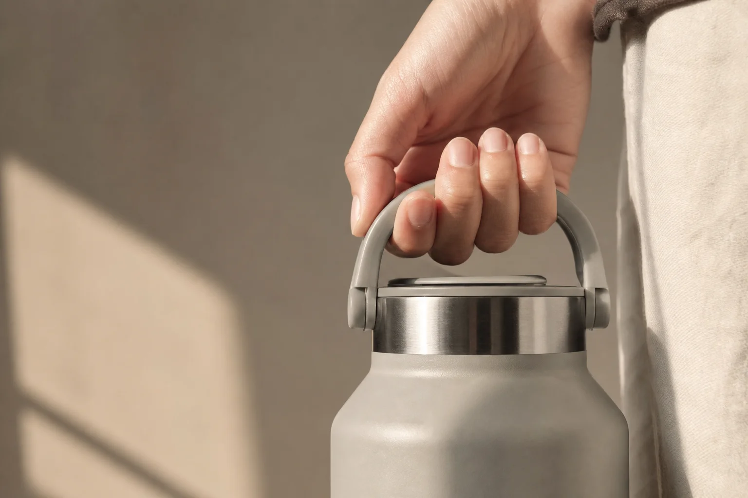 Hand gripping insulated bottle handle showing ergonomic design
