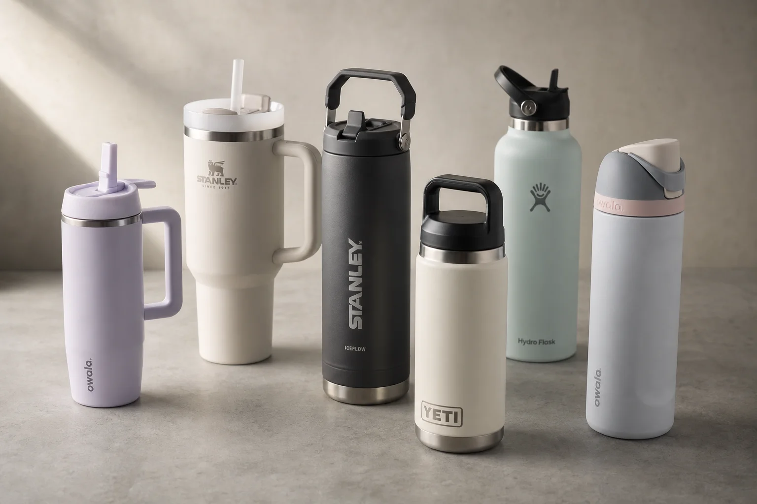 Six insulated water bottles from different brands arranged on concrete surface
