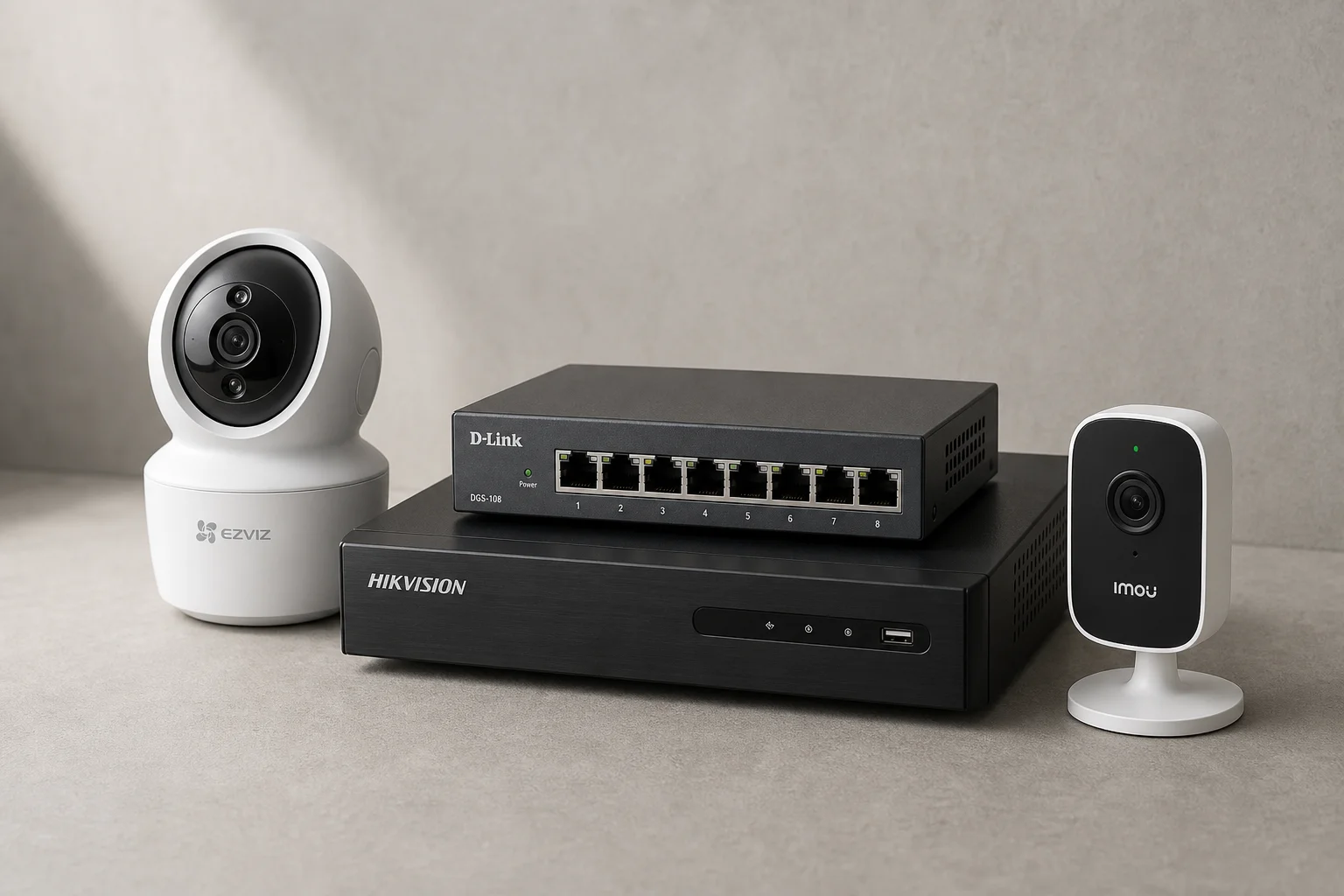 四款安全監控產品放置在水泥地上：Ezviz 雙鏡頭攝影機、D-Link 交換器、Hikvision NVR 與 Imou 攝影機