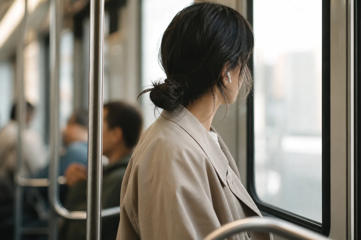 Commuter on public transport with earbuds and ambient awareness