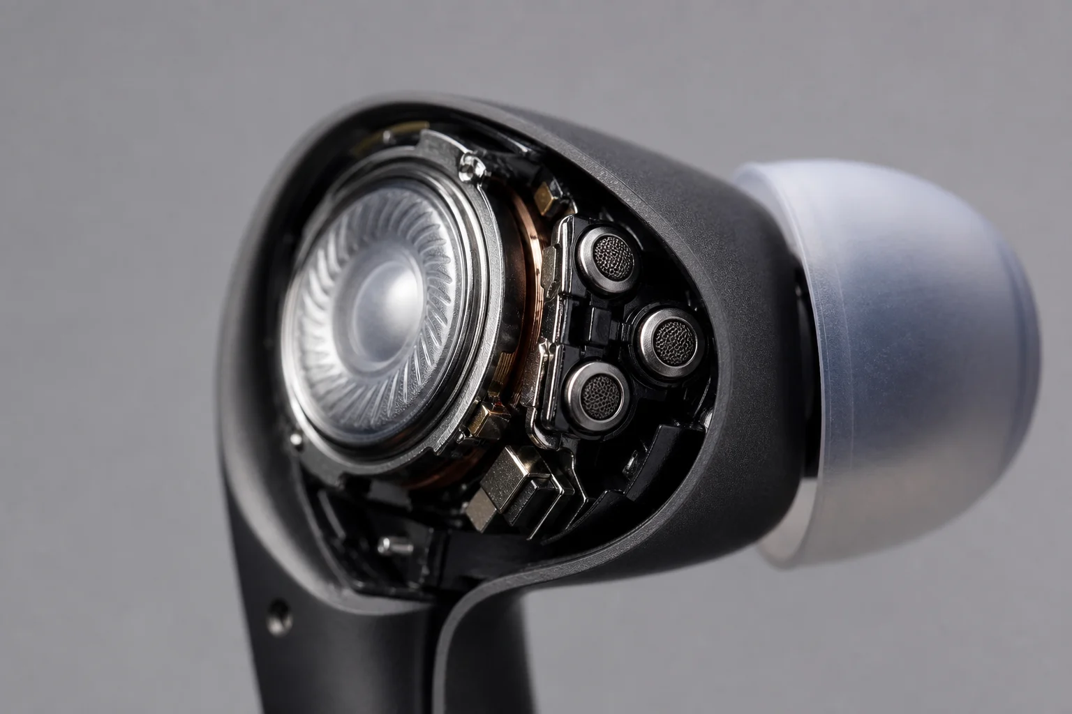 Close-up detail of earbud driver and microphone array