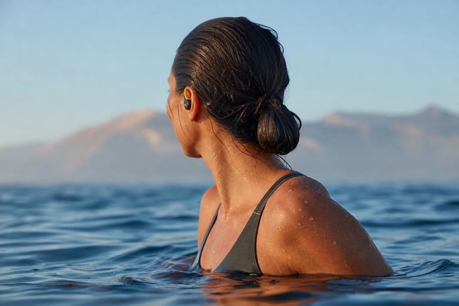 Athlete in water with waterproof earbuds during swimming