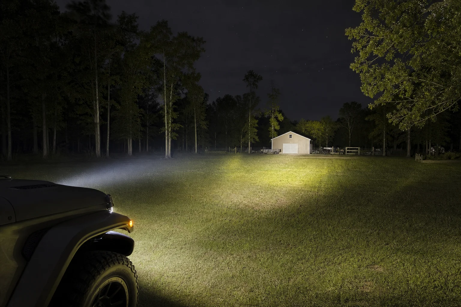 Jeep 頭燈在夜間照亮遠處的棚屋與庭院
