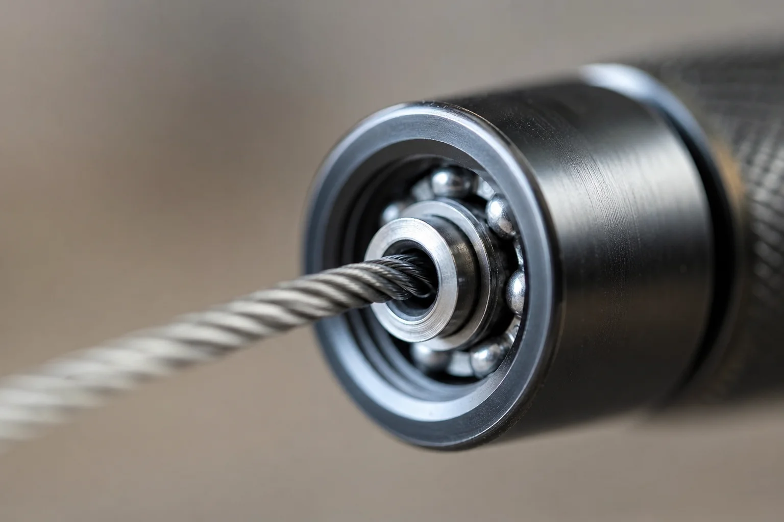 Close-up detail of jump rope ball bearing system and cable rotation