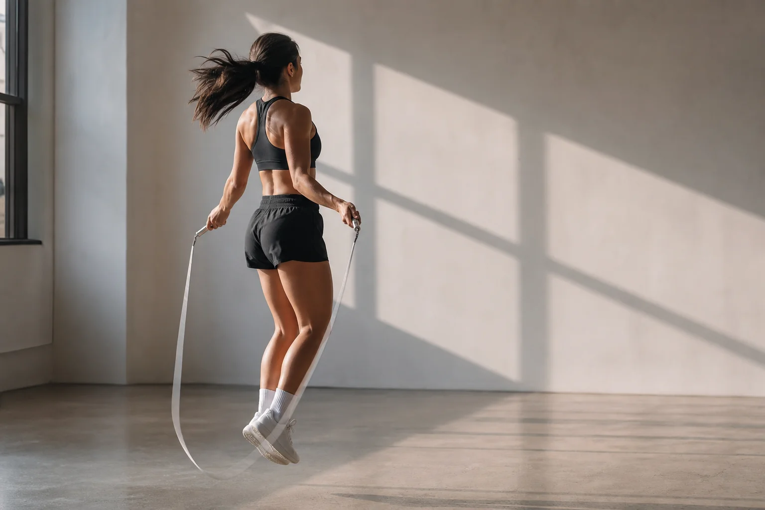 Athlete performing speed jump rope training with aluminum-handled rope