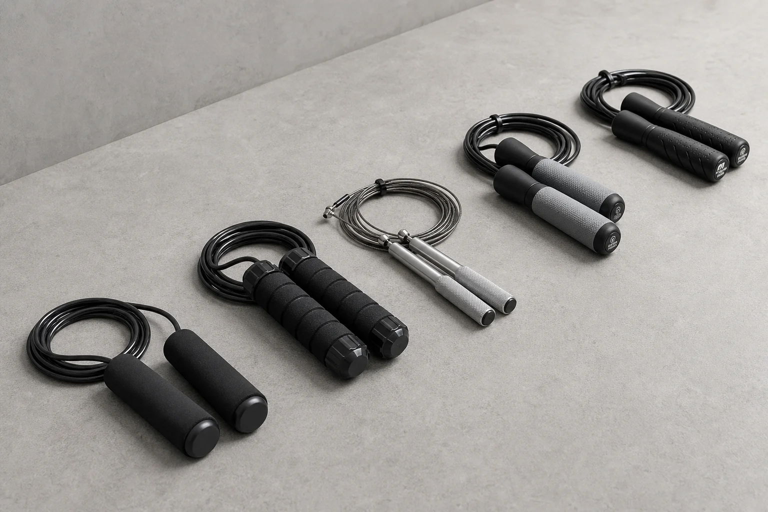 Five jump ropes with different handle styles and cable designs arranged on concrete