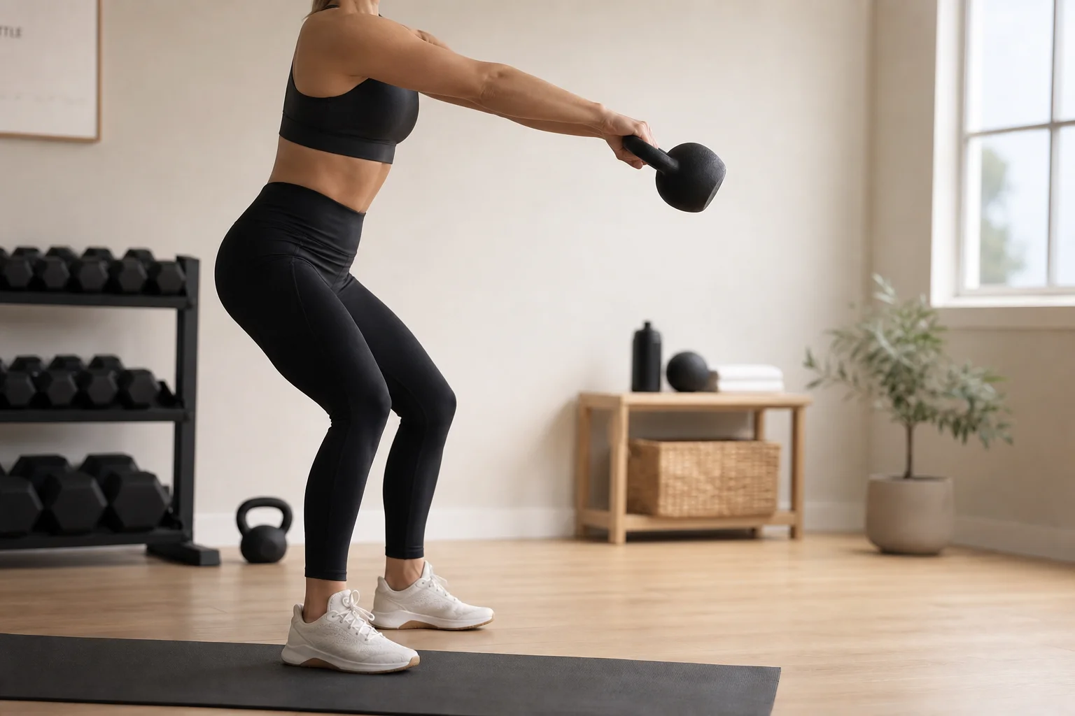 Person performing a kettlebell swing in a home gym setting