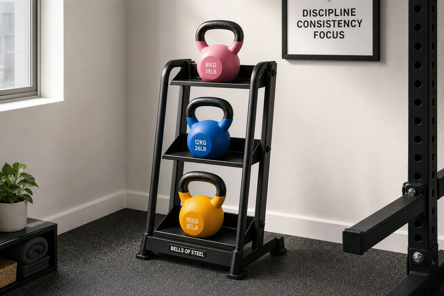 Organized kettlebell storage rack with color-coded weights
