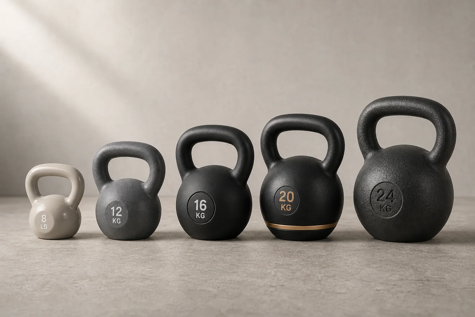 Five kettlebells of varying weights and finishes arranged on concrete surface