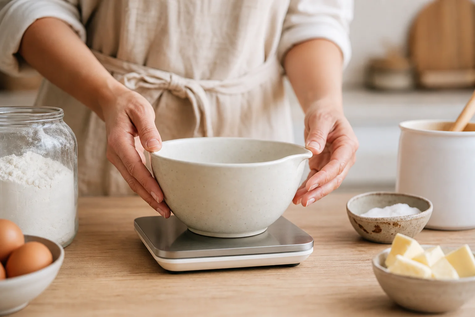 家庭烘焙師使用精密廚房料理秤測量食材