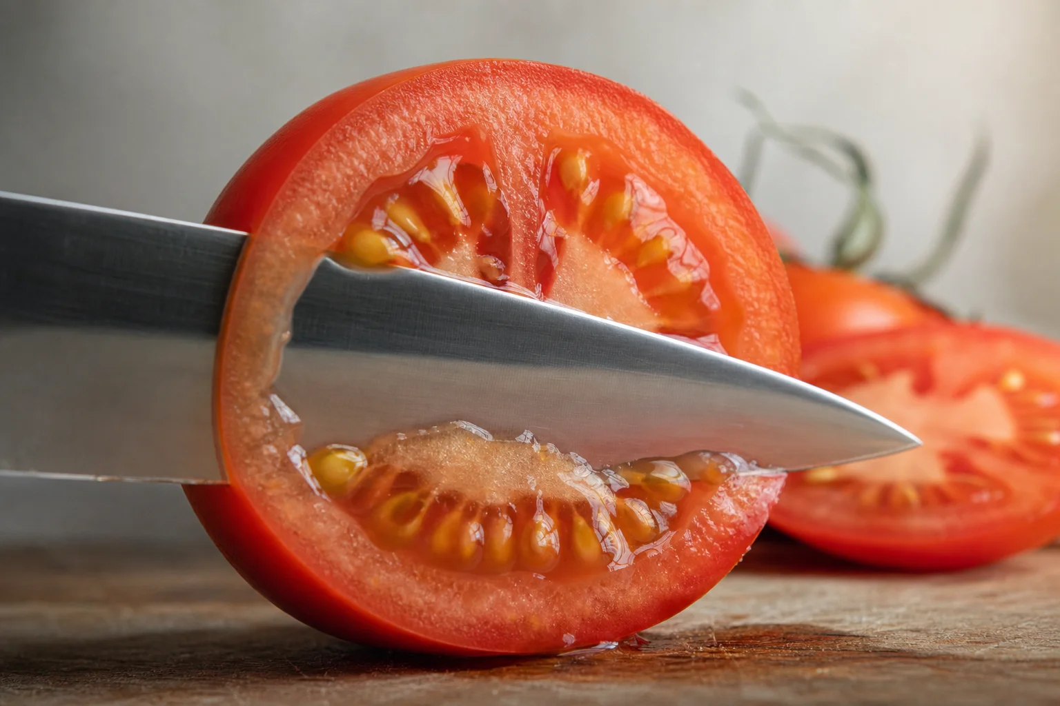 Sharp knife blade cutting cleanly through a tomato