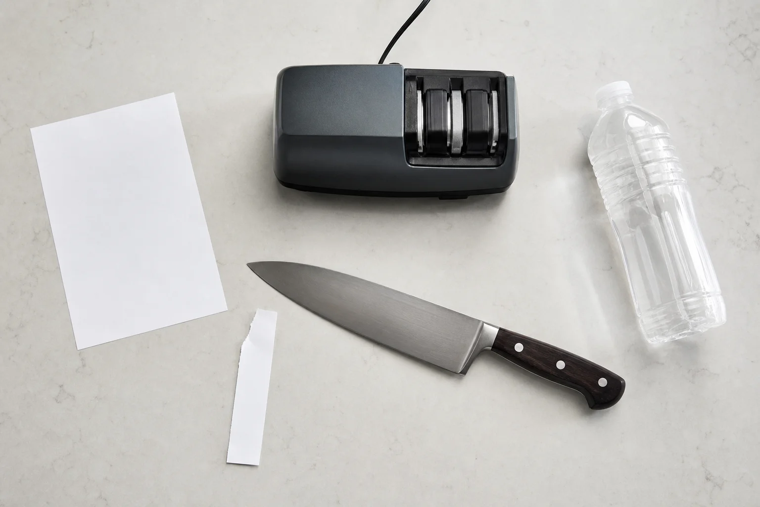 Kitchen counter workspace with knife and sharpening equipment