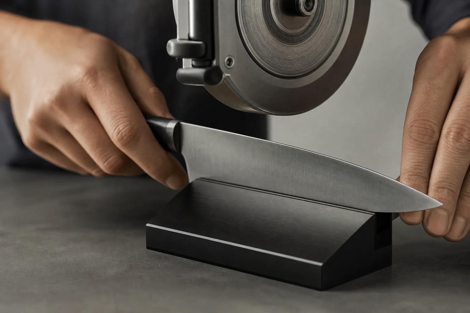 Hands positioning knife on magnetic sharpening block with rolling disc