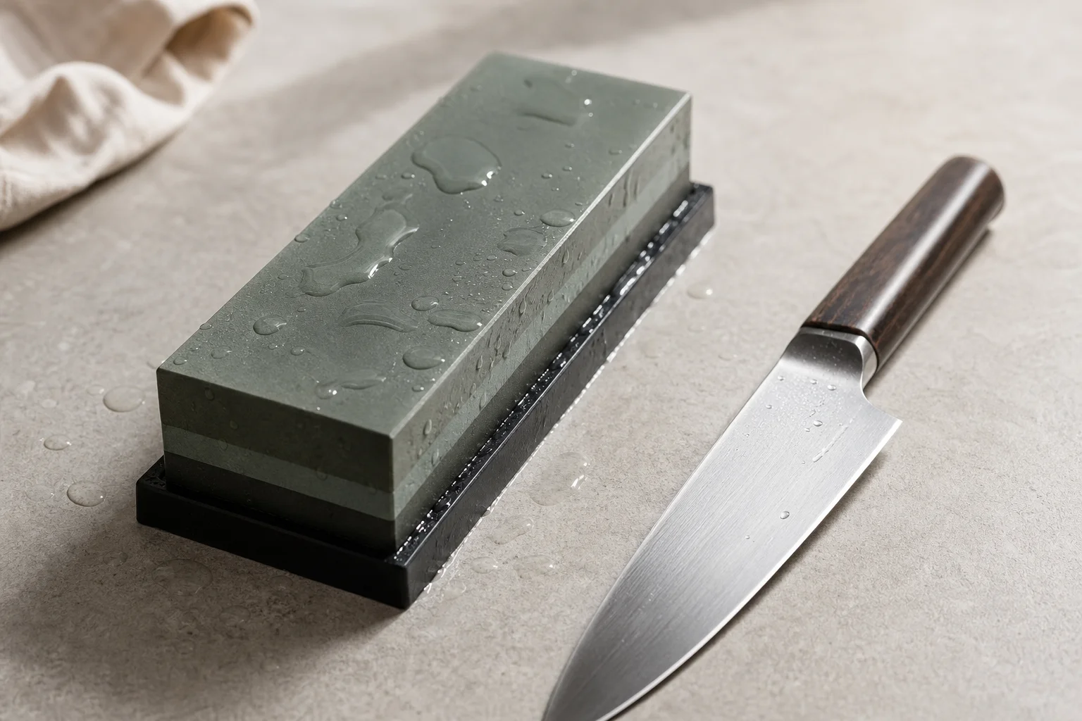 Whetstone with water droplets and sharpened knife blade nearby